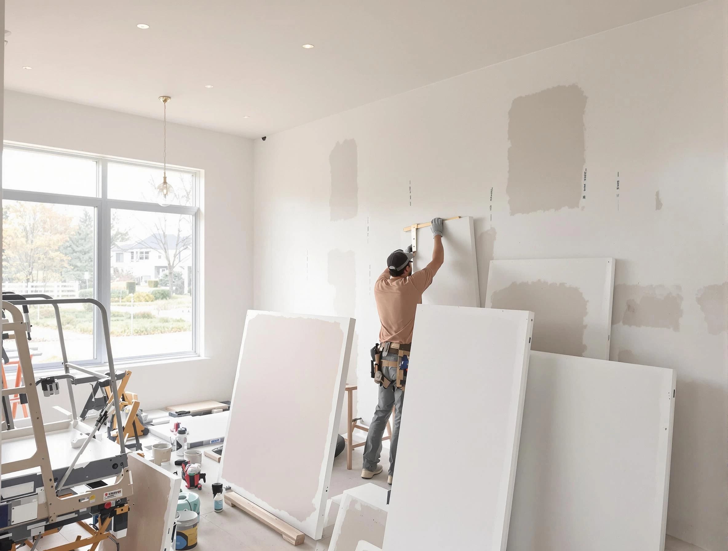 Lakewood House Painters precisely hanging drywall sheets in Lakewood, OH