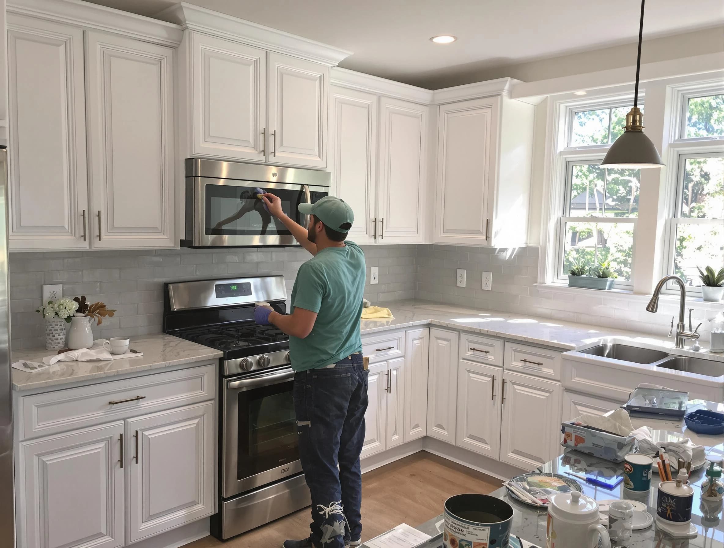 Kitchen cabinets being refinished by Lakewood House Painters in Lakewood, OH