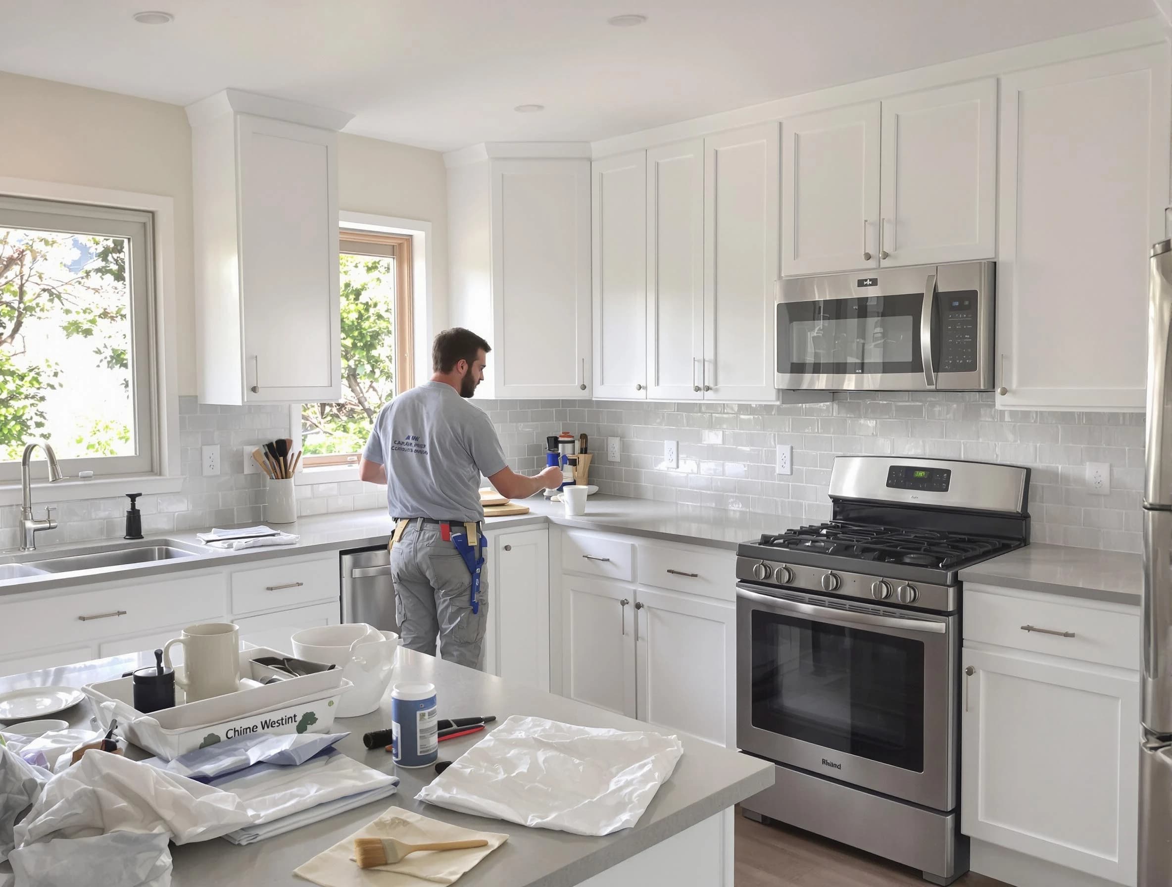 Lakewood House Painters applying fresh paint on kitchen cabinets in Lakewood