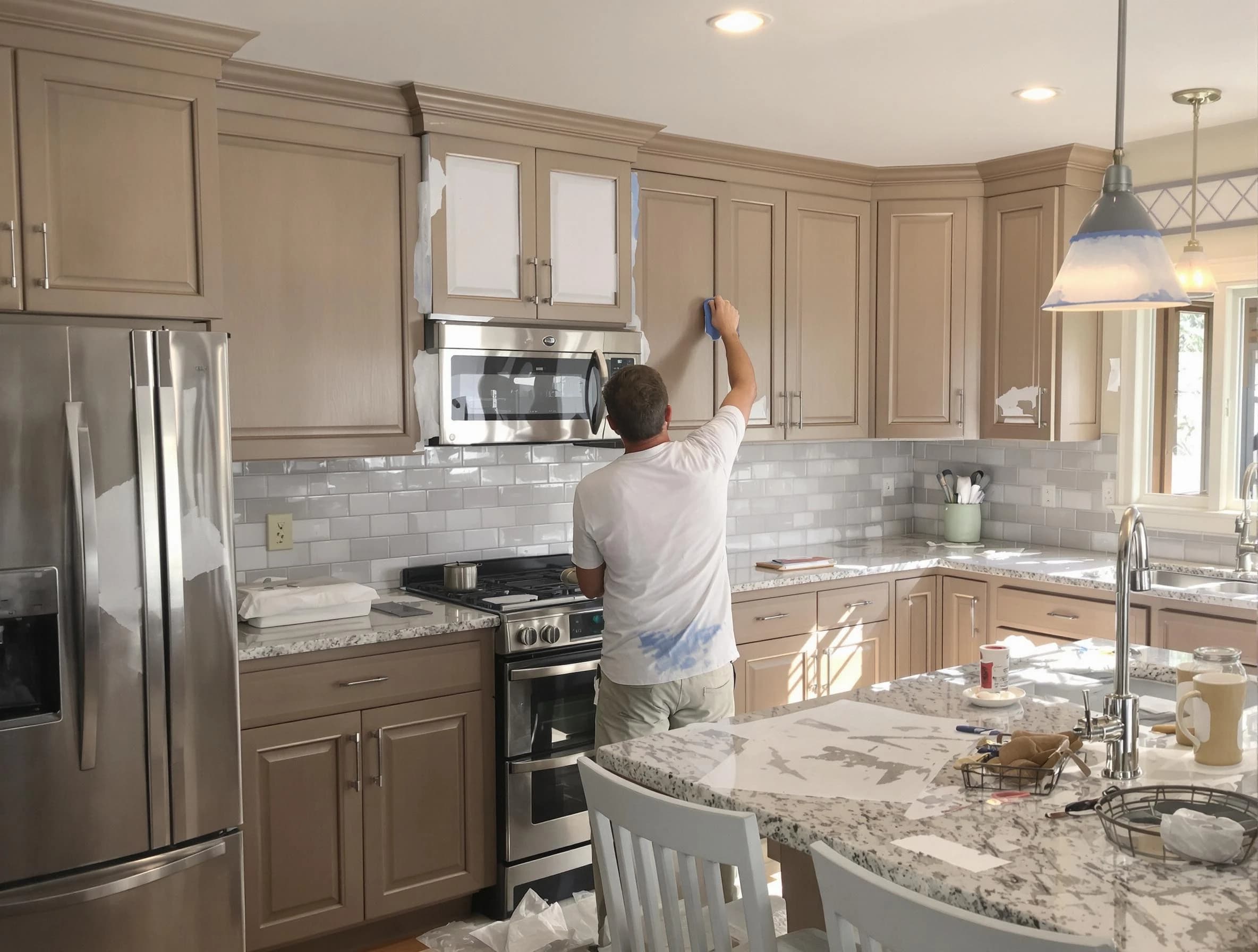 Before-and-after view of kitchen painting by Lakewood House Painters in Lakewood