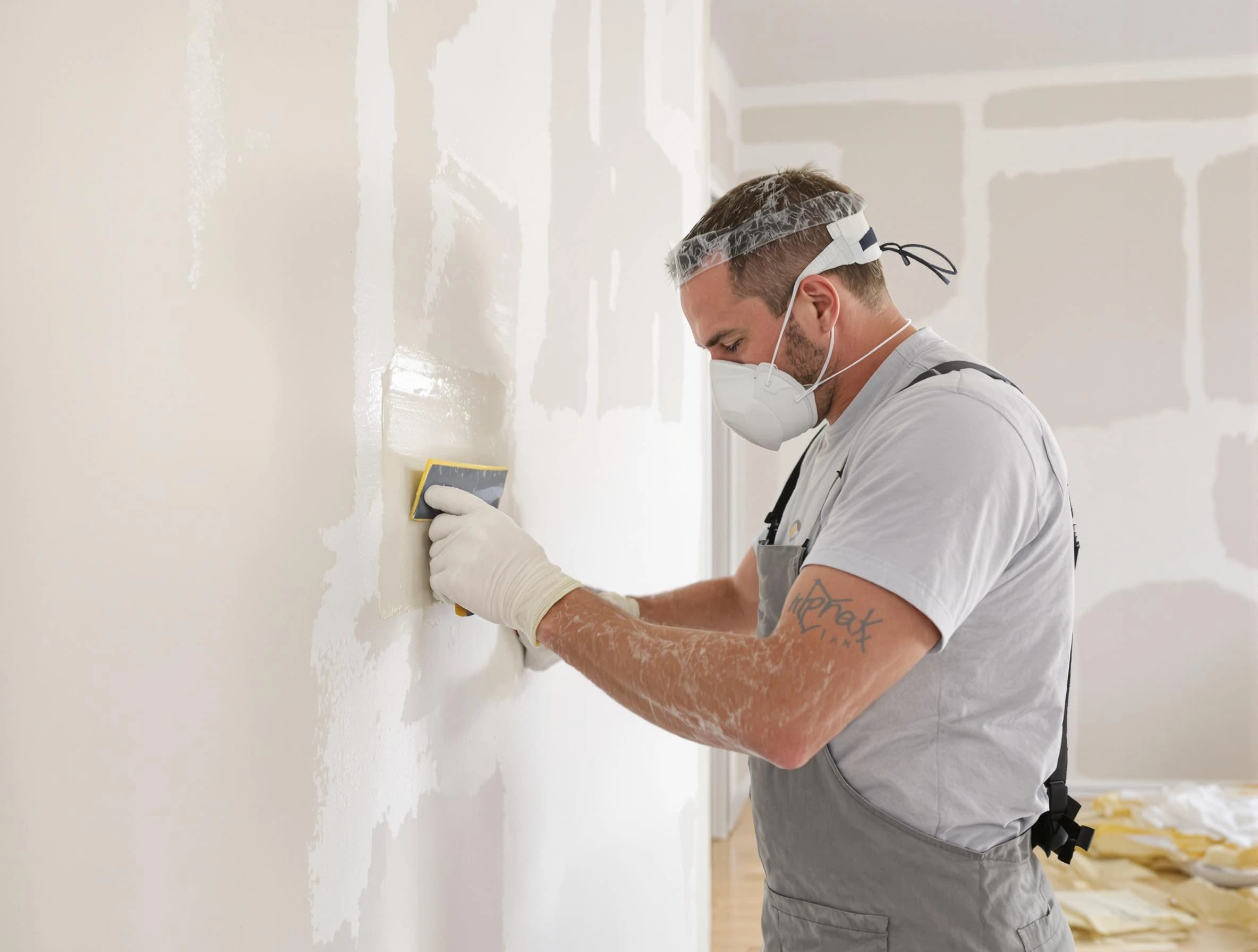 Lakewood House Painters technician applying mud to drywall seams in Lakewood, OH